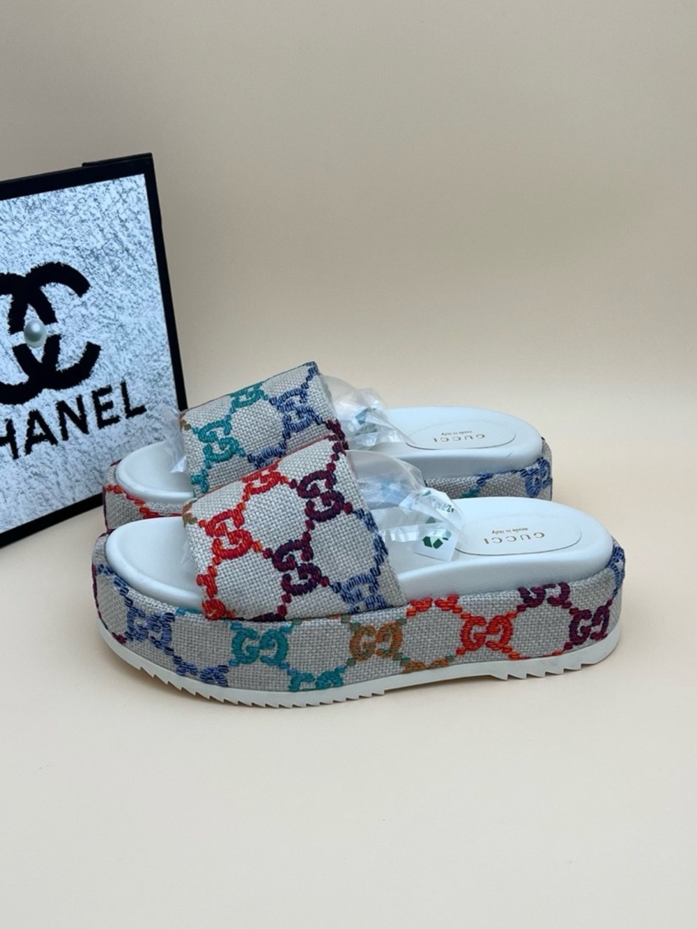 🚩steal Gucci Multicolor GG Canvas Platform Slide Mules